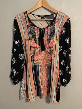 Caleesa Tunic Top Womens Large Multicolor Stripe Floral Embroidered Boho Peasant